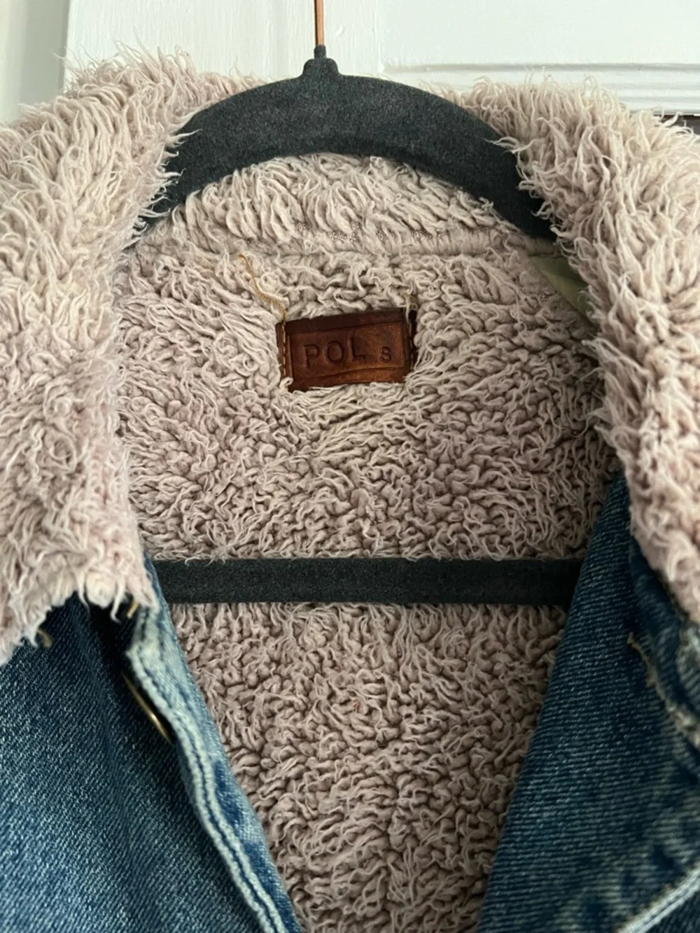 POL Blue Denim Jacket with Red Floral Appliqué and Cream Sherpa Collar & Lining - Picture 3 of 4